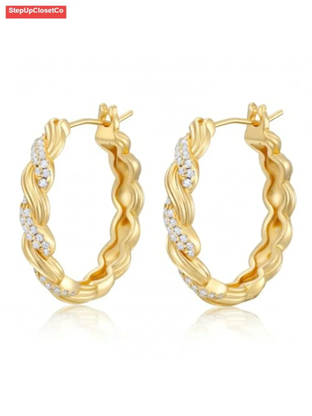 14k Gold Plated Twisted Huggie Hoop Earrings for Women with Cubic Zirconia 25mm